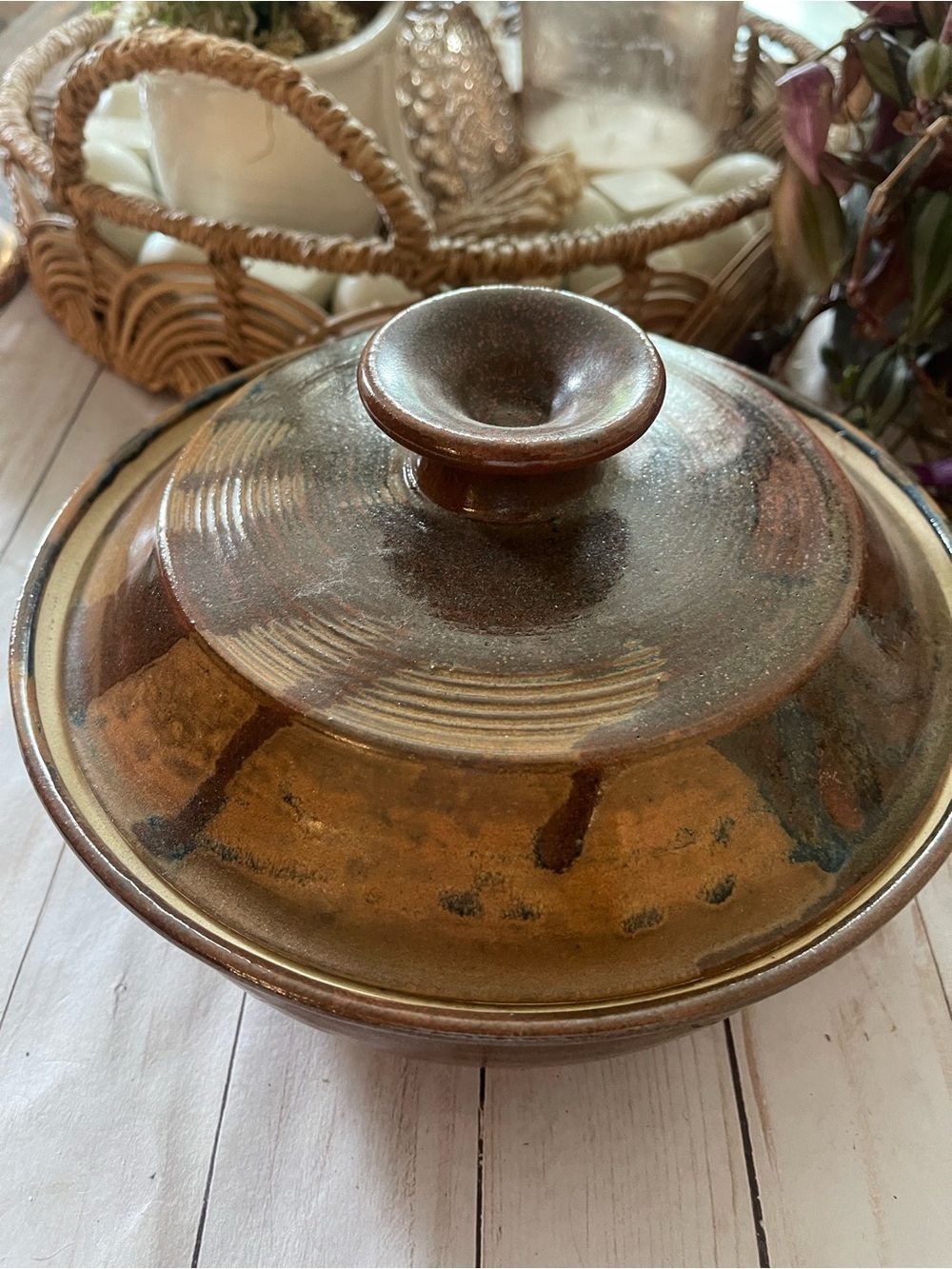 Vintage Brown and Tan Ceramic Covered Casserole Dish